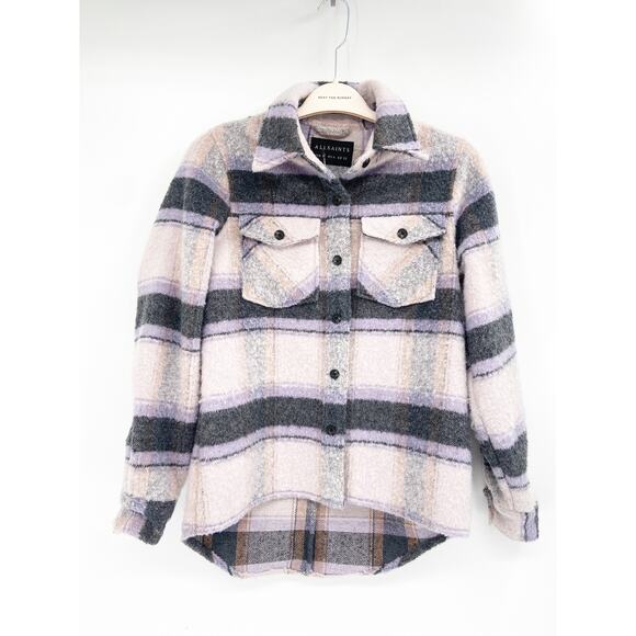 All Saints Phoebe Grey Purple Check Wool Blend Flannel Button Up Shirt Size 0 - Picture 4 of 8